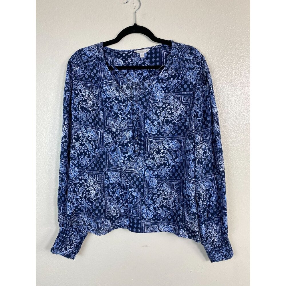 Lucky Brand Womens Blue Paisley Long Sleeve Blouse Top size Large Boho Peasant